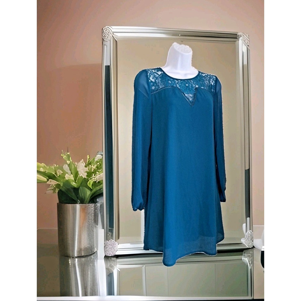 Decree Shift Dress S Teal Lace Detail Sheer Long Sleeves Lined Sheath Keyhole